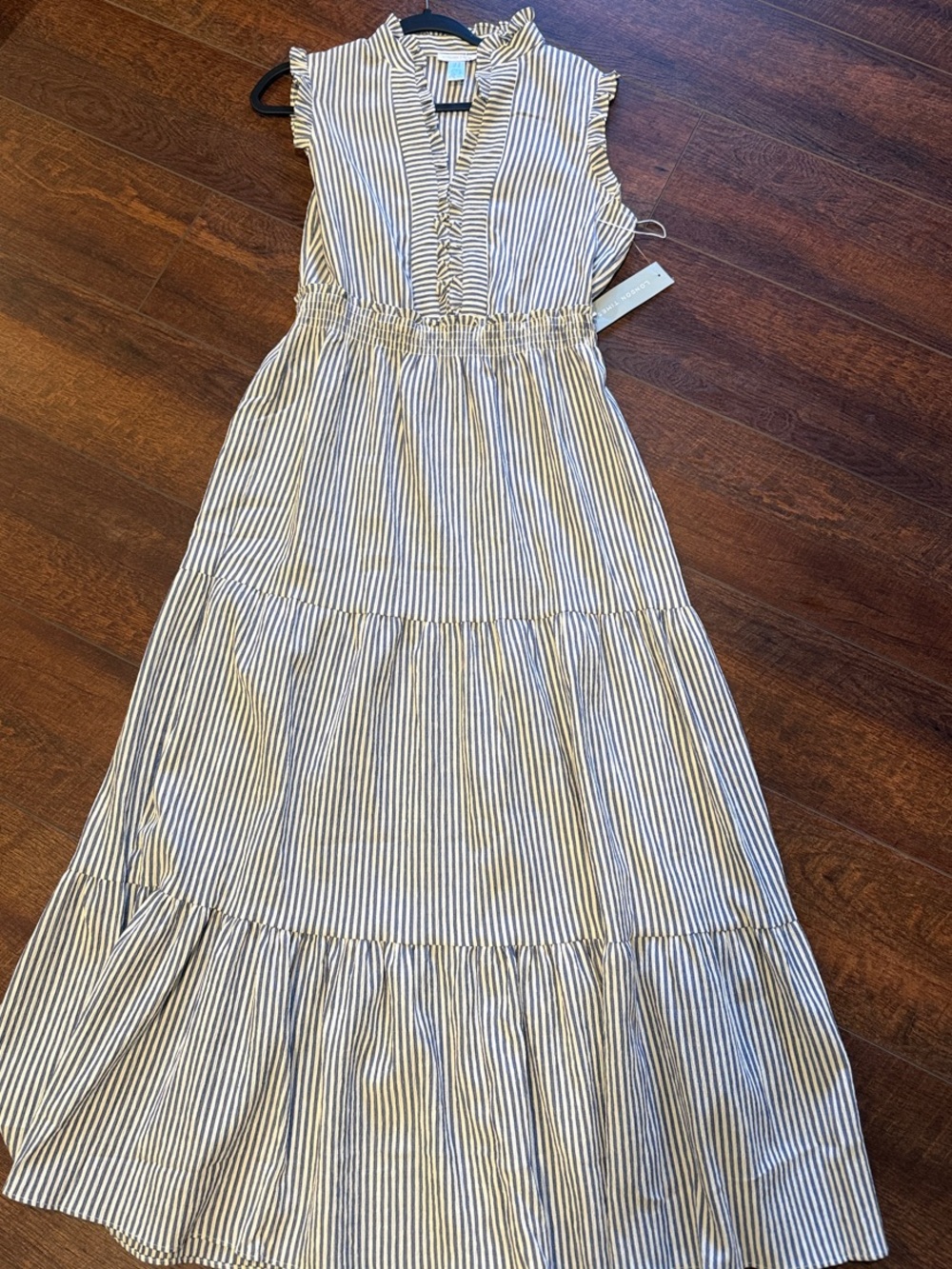 London Times Blue and White Striped Ruffle Tiered Midi Dress